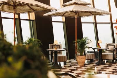Lion in the Sun Dubai elegant interior with striped furniture and plants.