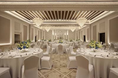 Elegant ballroom with chandeliers at Madinat Jumeirah, Dubai.