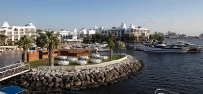 Dubai Creek Golf & Yacht Club waterfront with yachts and palm trees.