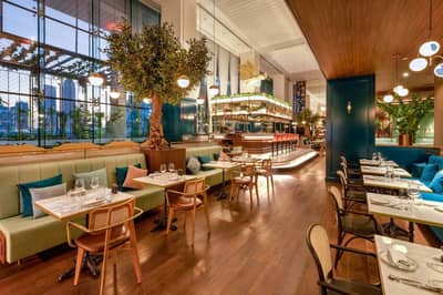 Elegant interior of Couqley French Brasserie Downtown, Dubai.