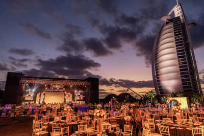 Jumeirah Beach Hotel stage and sunset view, Dubai.