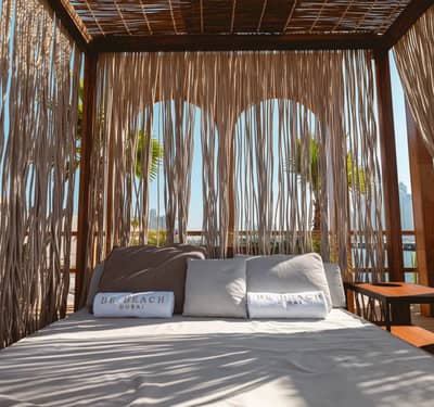 Cabana with cushions at Be Beach DXB, Dubai.