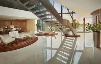 Modern business center lobby at The Meydan Hotel, Dubai.