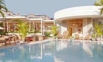 Maison de La Plage poolside venue with seating, Dubai.