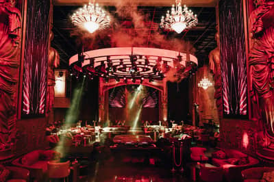 Luxurious interior of Vice Night Club Downtown Dubai with chandeliers.