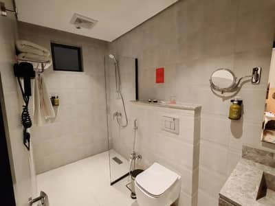 Modern bathroom with shower and amenities at Ayas Hotel Hail, Saudi Arabia.