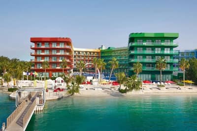 Colorful beachfront buildings at Voco Dubai Nice The Heart of Europe by IHG, Dubai.