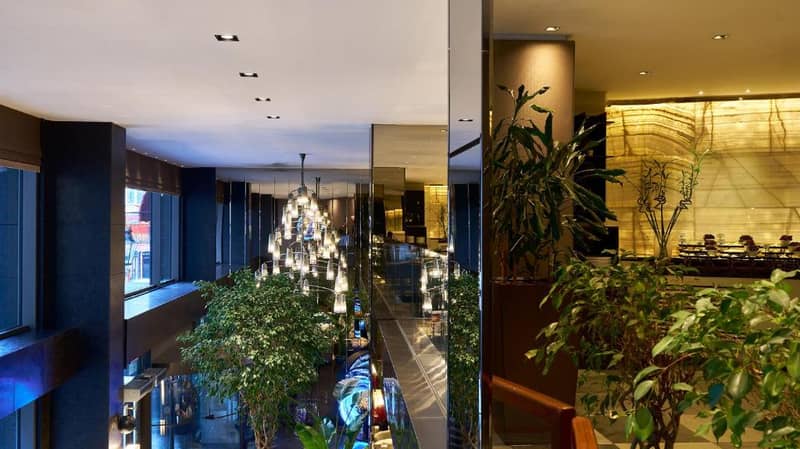 Lasagrada Hotel Istanbul - a lobby with plants and a building with a christmas tree at Lasagrada Hotel Istanbul in Istanbul