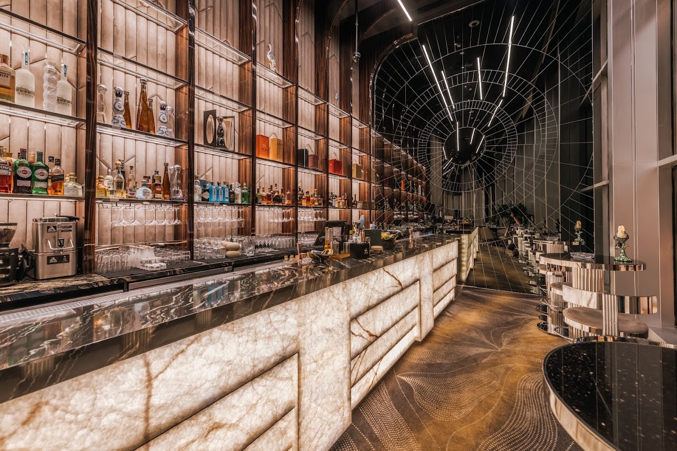 Luxurious bar interior at Premium Venue, Dubai, for events.