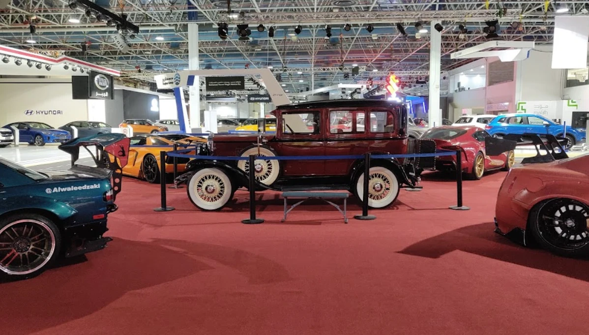 Classic and modern cars displayed at Jeddah International Exhibition Center.