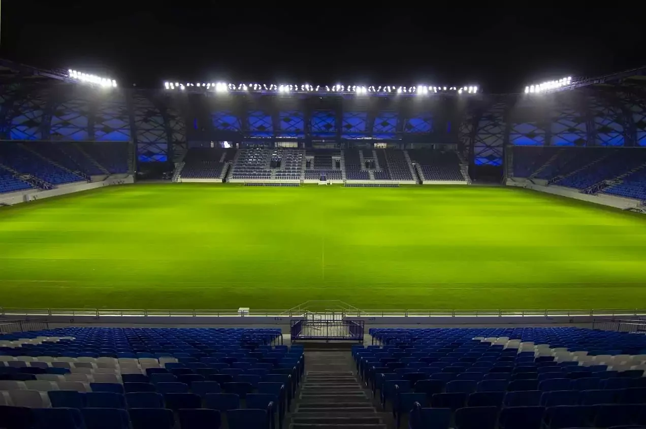 Al Nasr Al Maktoum Stadium in Dubai, empty at night.